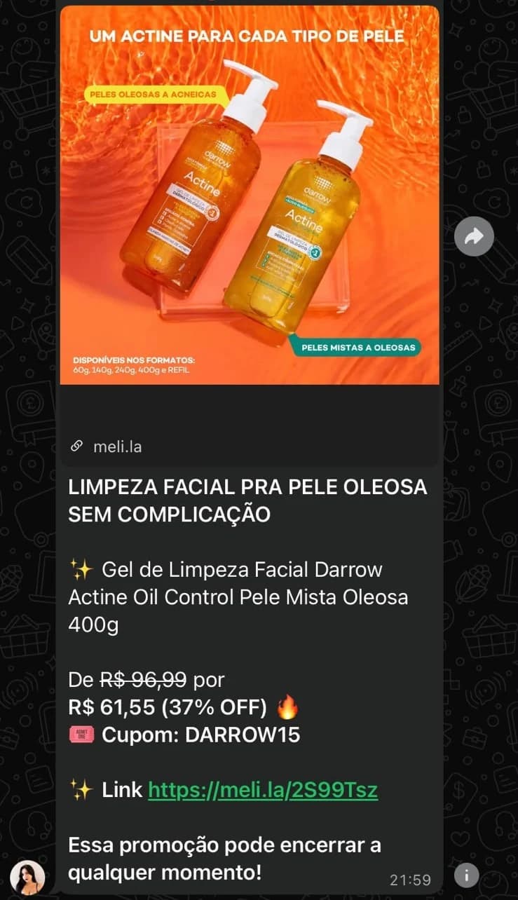 Oferta de Gel de Limpeza Facial Darrow Actine no WhatsApp com preço, cupom e link de afiliado