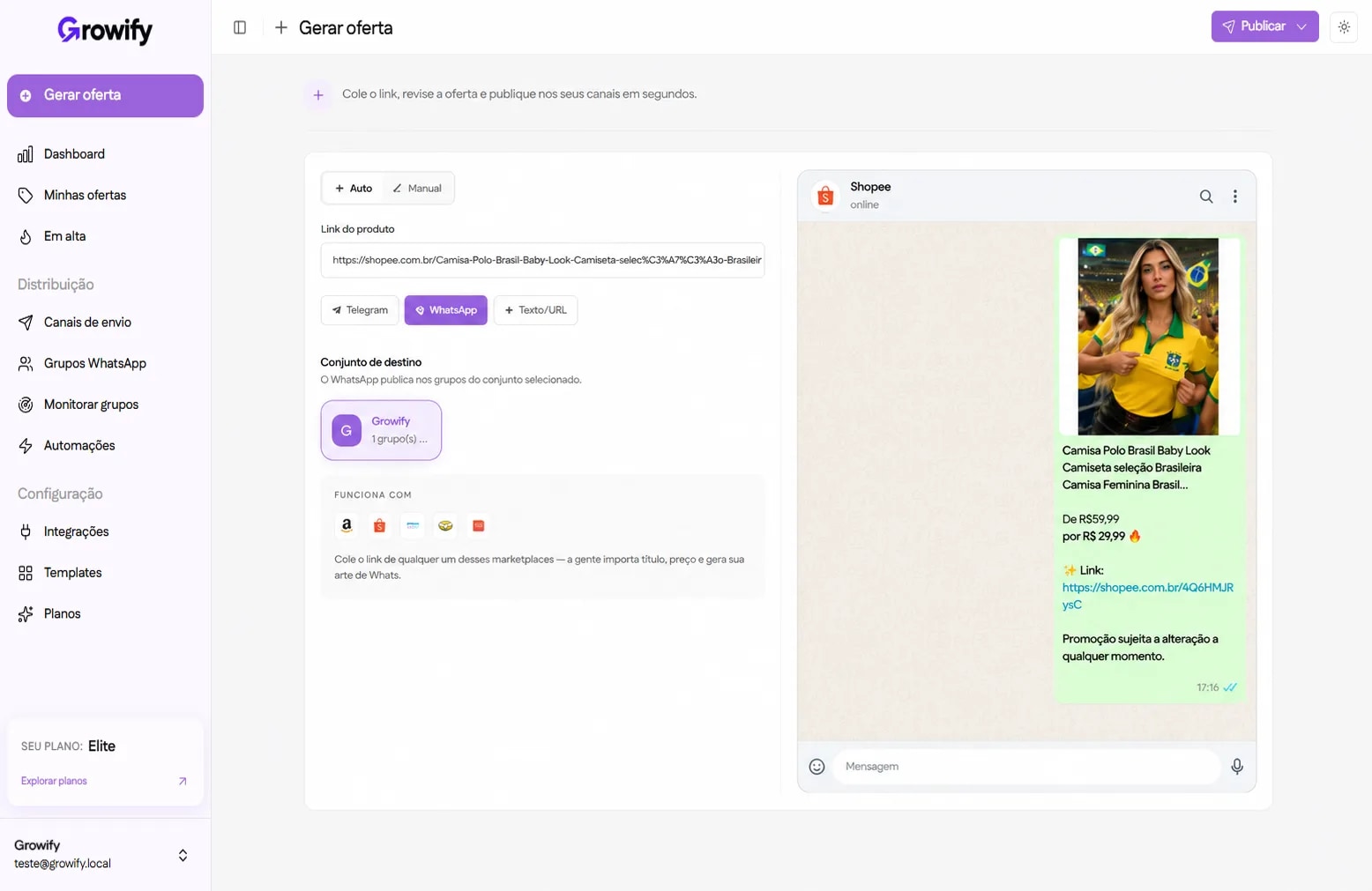 Painel da Growify: link da Shopee colado, oferta montada e prévia da mensagem pronta no WhatsApp