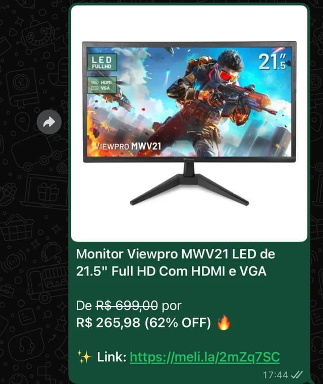 Prévia da oferta pronta no WhatsApp: Monitor Viewpro com preço e link de afiliado