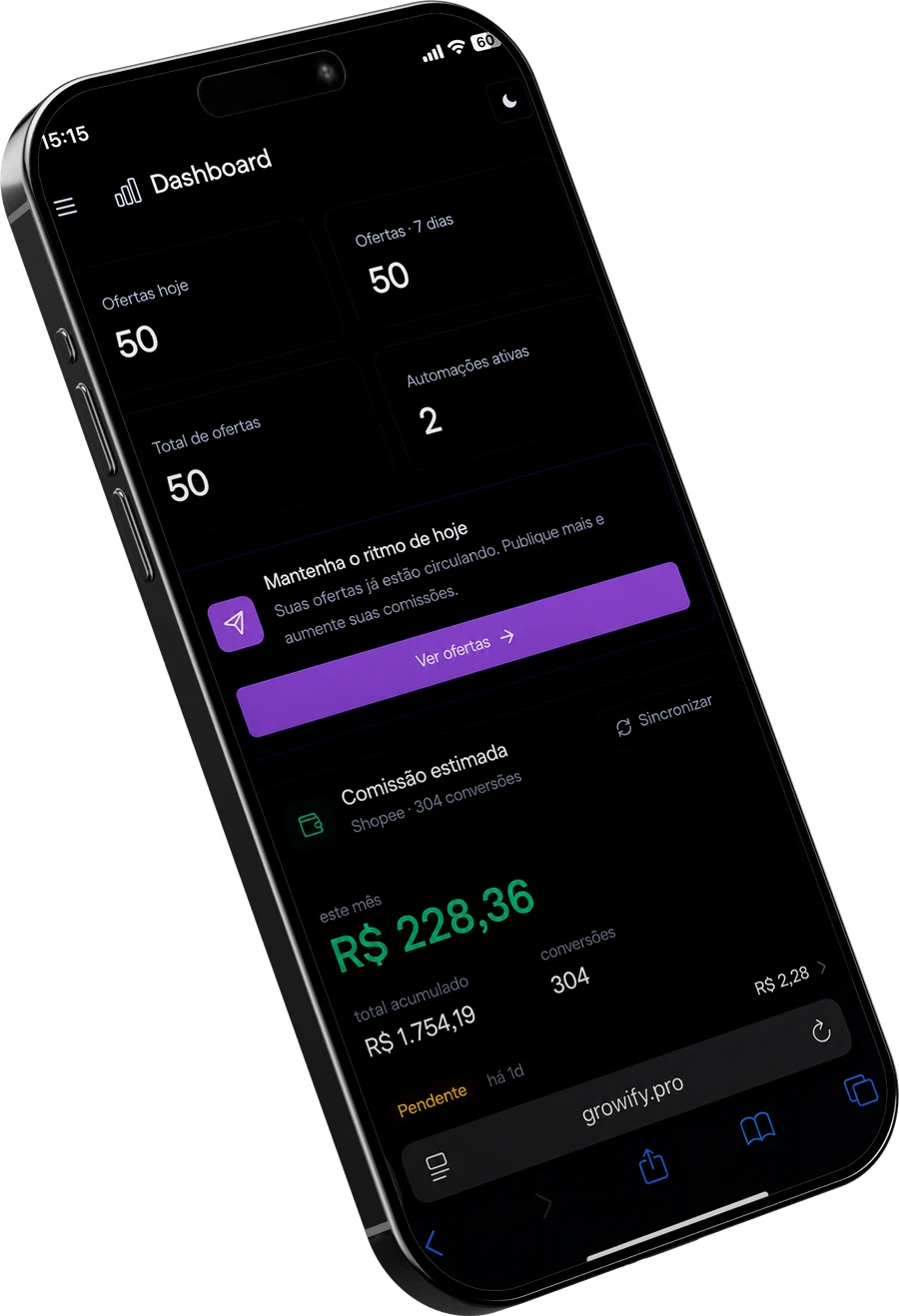 App da Growify no celular: dashboard com ofertas e comissão do mês