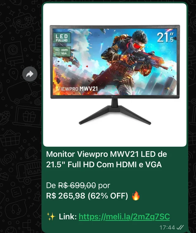 Prévia da oferta pronta no WhatsApp: Monitor Viewpro com preço e link de afiliado